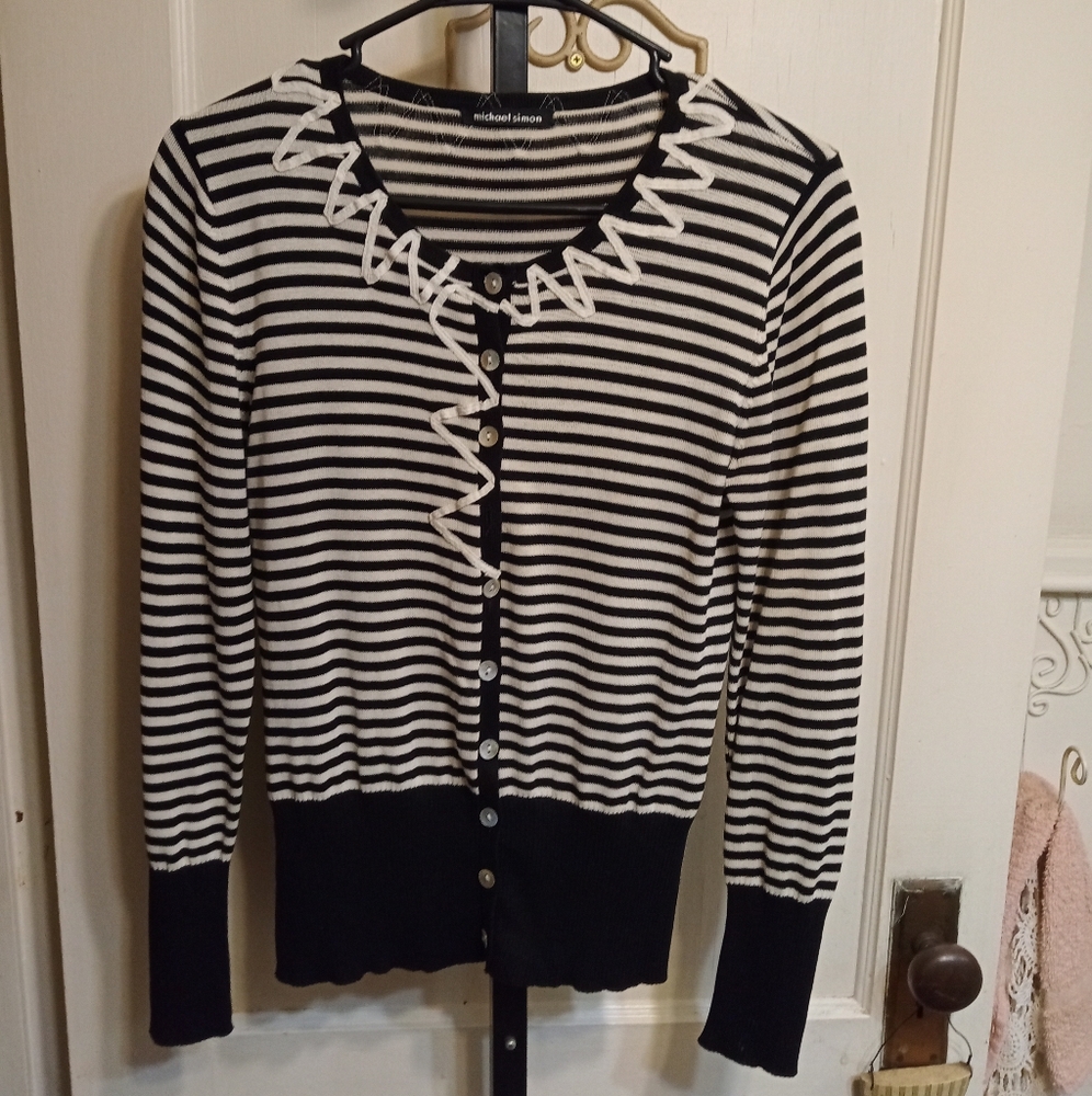 Michael Simon Stripe Cardigan w/Ribbon Applique Detailing